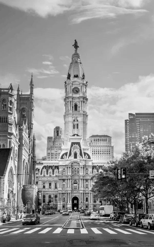 Black-and-white Philadelphia City Hall tower