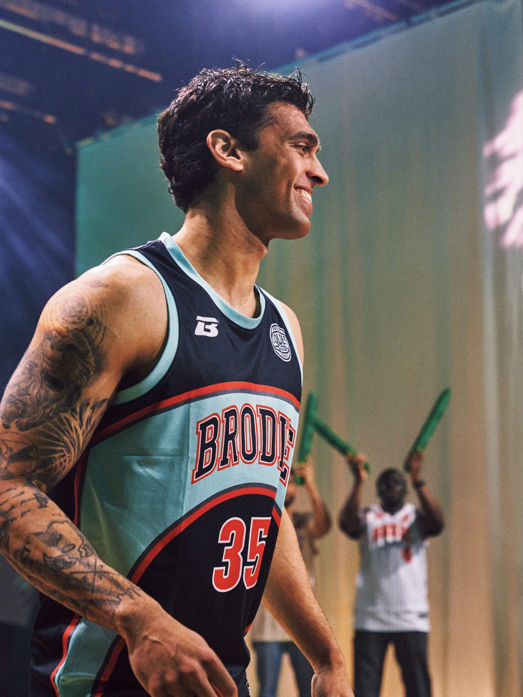 A BRODIE athlete in his jersey on the Dragons' Den shoot