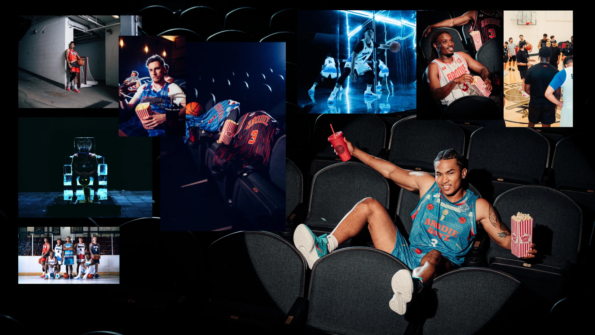 BRODIE athletes in a movie theatre shoot with popcorn and new jerseys