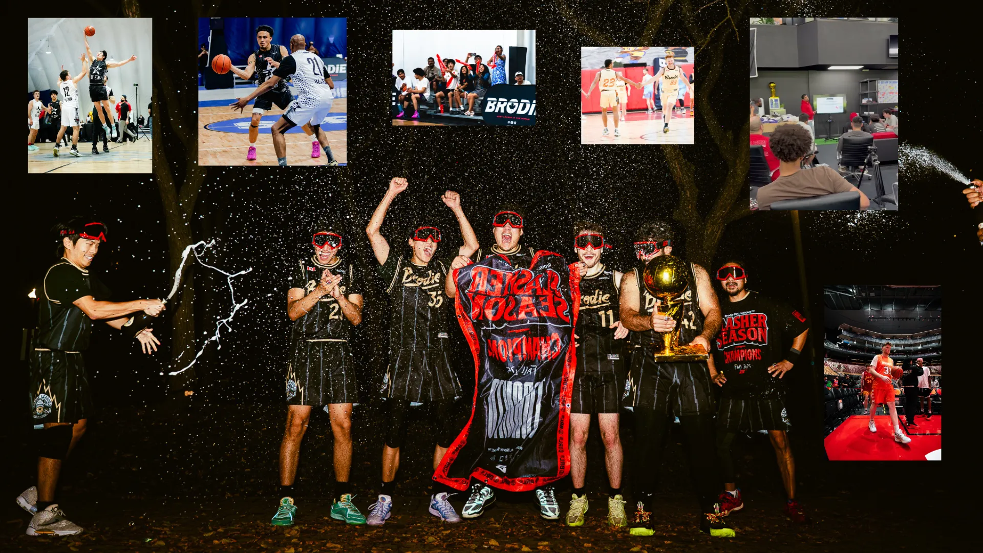 Slasher Season champions celebrating with the trophy, plus game and arena moments