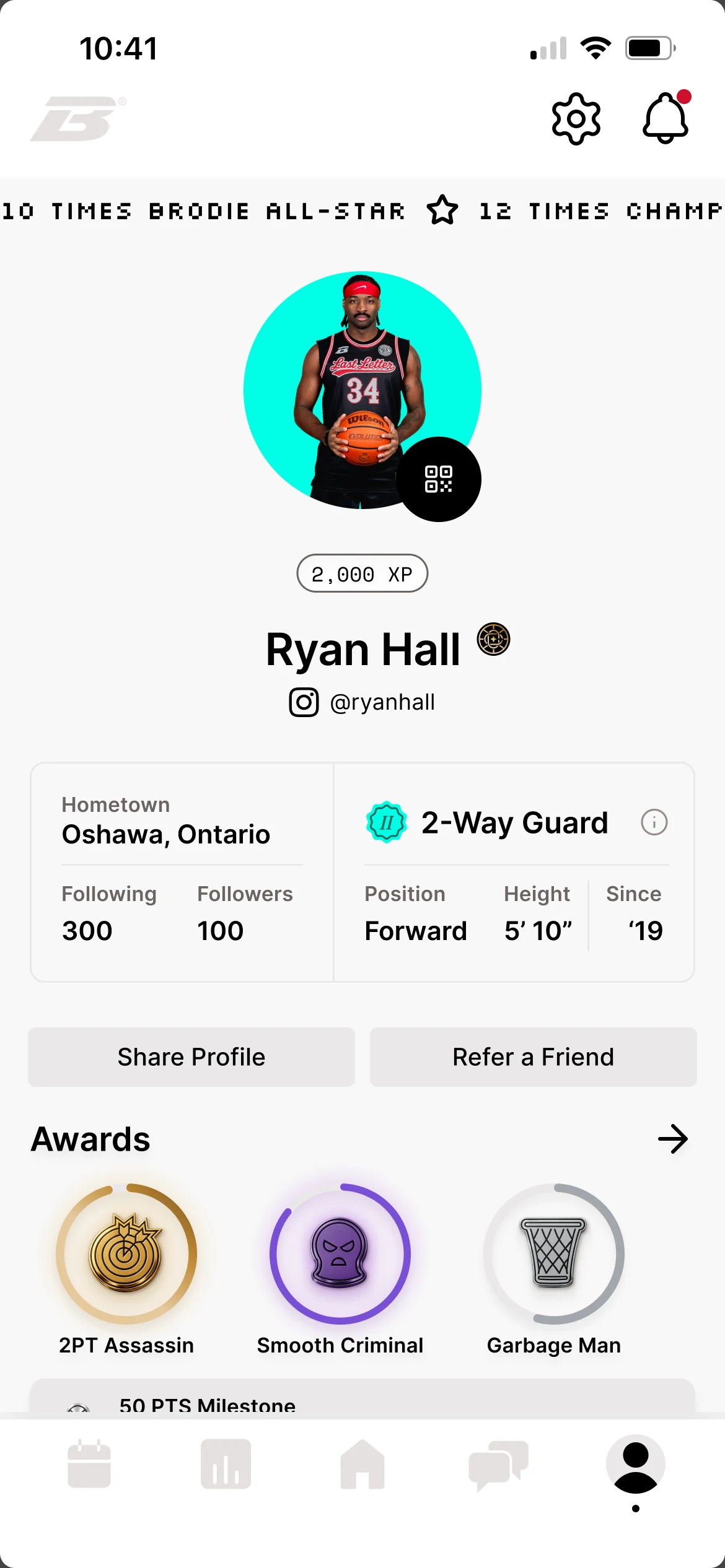 Brodie App player profile with archetype, awards and season stats