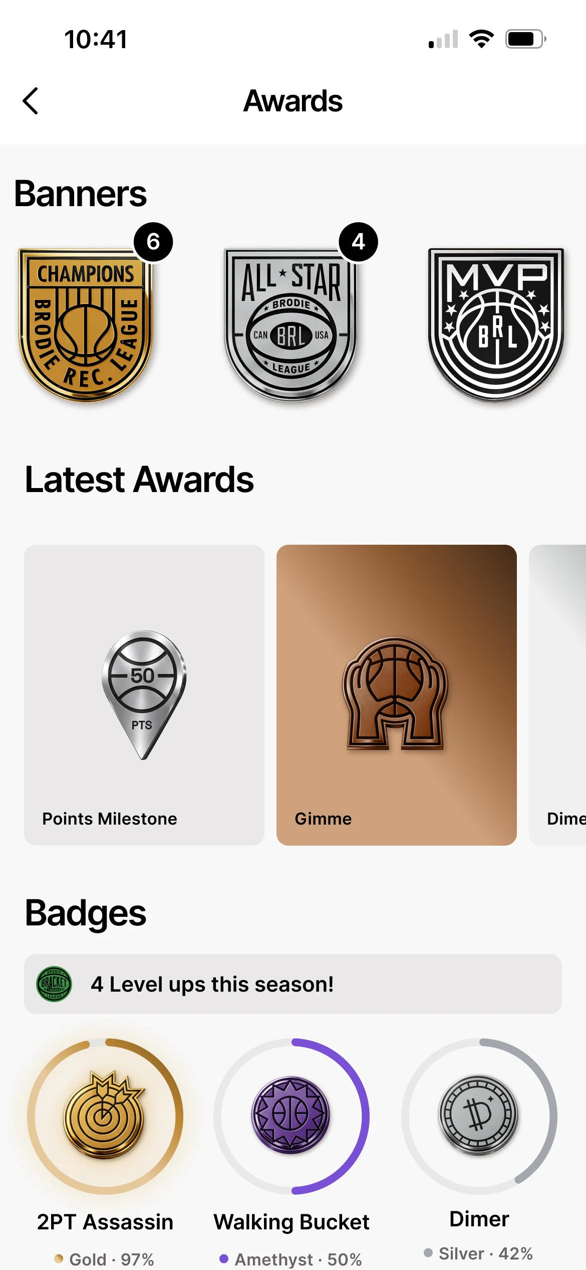 Brodie App awards screen with banners, latest awards and badge levels