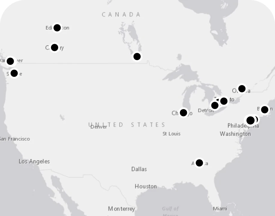 Map of every BRODIE city across Canada and the United States
