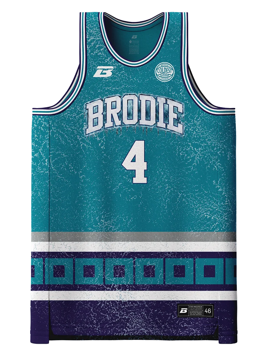 CLT x CAR jersey, front, in teal and purple with frosted ice