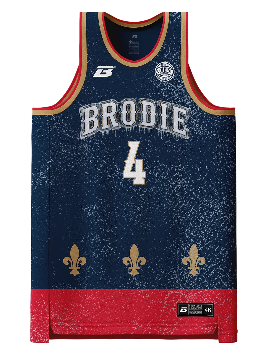 NOP x QUE jersey, front, dark colourway in navy with a row of fleur-de-lis