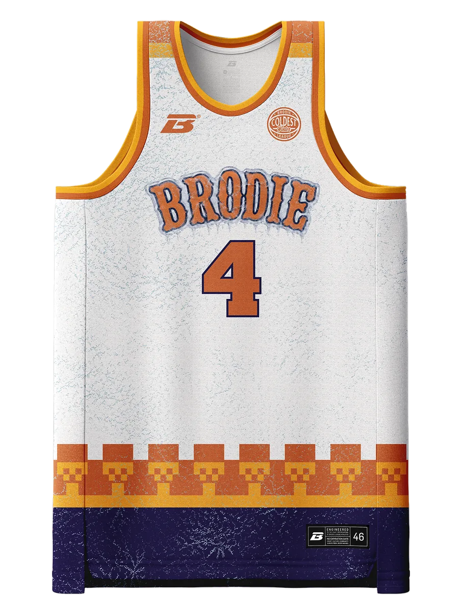 PHX x PHX jersey, front, lite colourway in white with orange and yellow hem