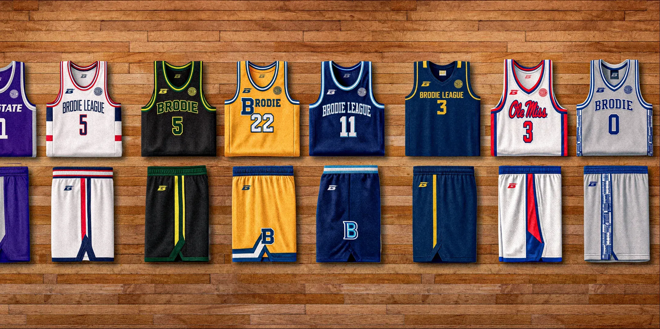 Rows of Brodie League basketball jerseys and shorts hung on a wooden wall