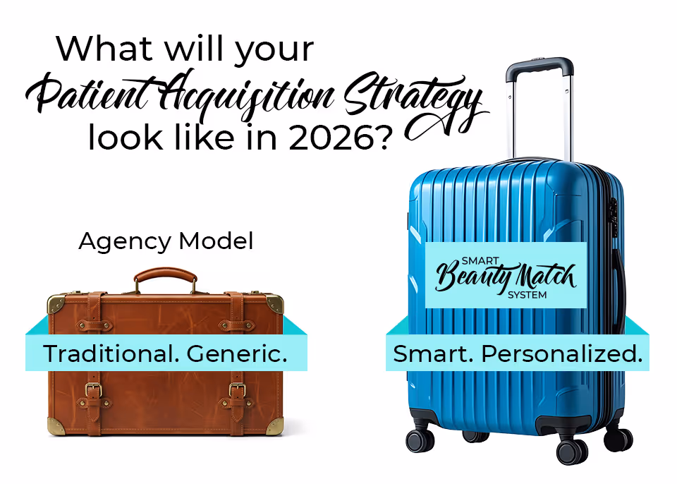 Comparison of old way vs new way to acquire patients for medical practices using a suitcase on wheels metaphor. Reminicent of the Apple & PC Ads Apple used to run in the early 2000s.