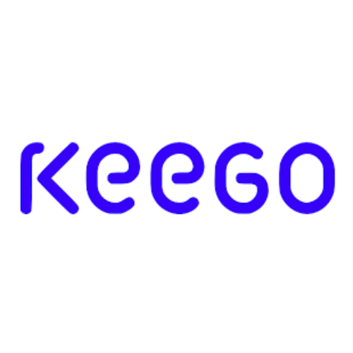 Blue stylized text logo reading Keego on a white background.