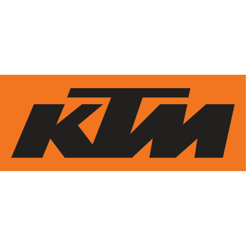 KTM logo in black letters on an orange rectangular background.