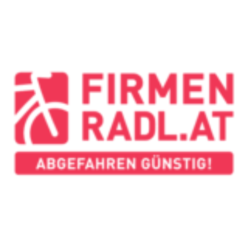 Logo with a stylized red bicycle wheel and the text 'FIRMEN RADL.AT' above a red banner reading 'ABGEFAHREN GÜNSTIG!'