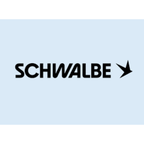 Black SCHWALBE brand name with a stylized bird logo on light blue background.