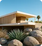 Modern desert-style house with large rocks and agave plants in the foreground under clear blue sky.