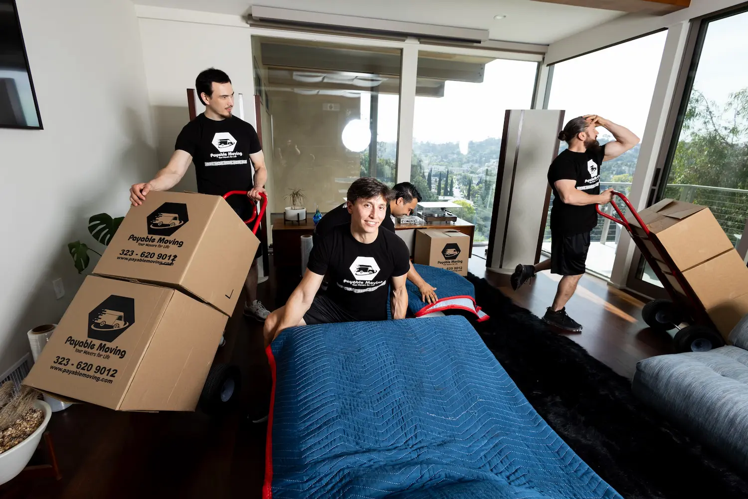 Professional moving team working together during a home relocation
