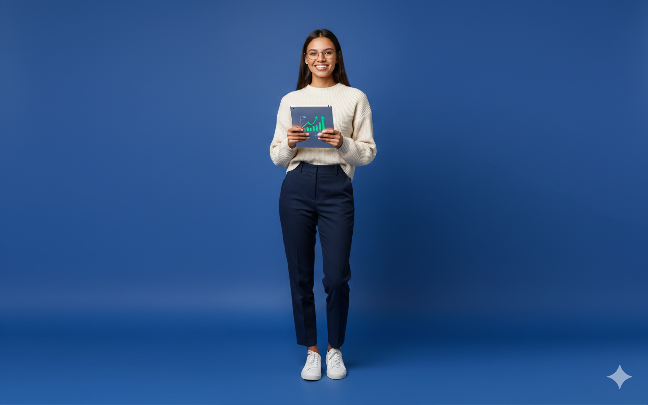 Smiling professional reviewing successful AI automation results on a tablet during the project delivery phase