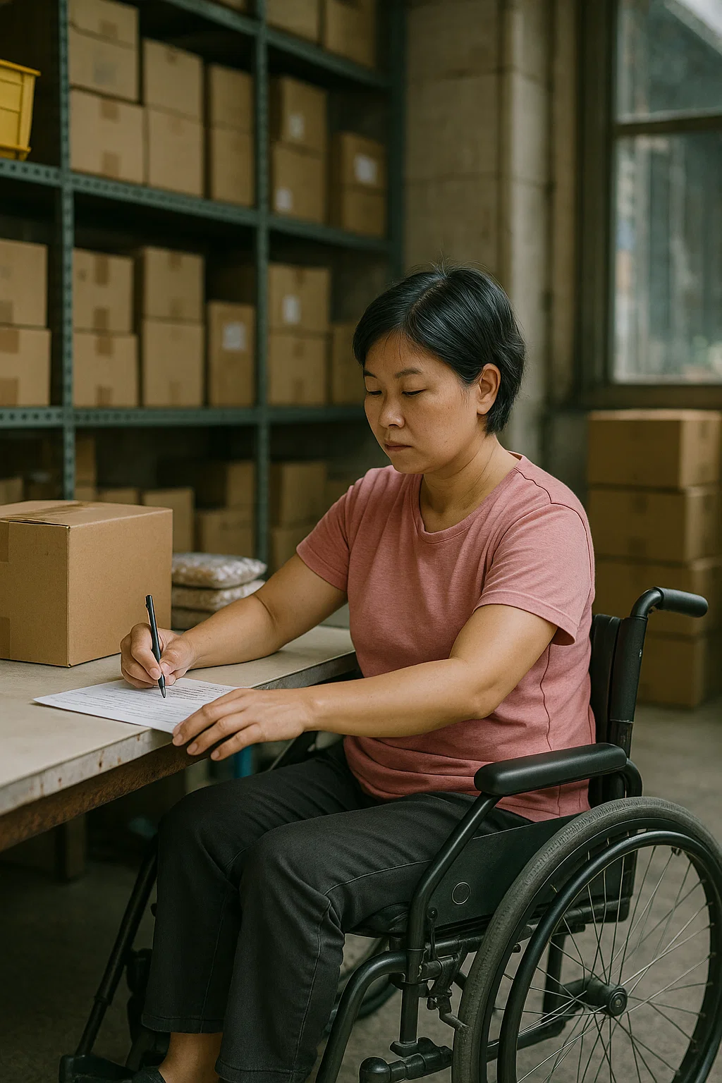 Frauen bei der handwerklichen Arbeit an einem Rollstuhl
