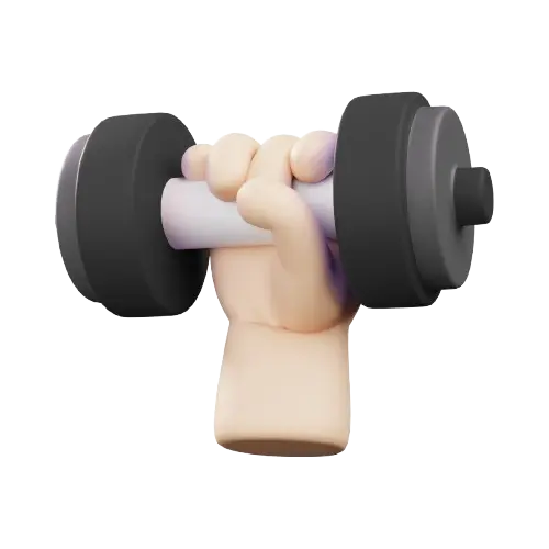 3D illustration of a hand gripping a black and silver dumbbell.