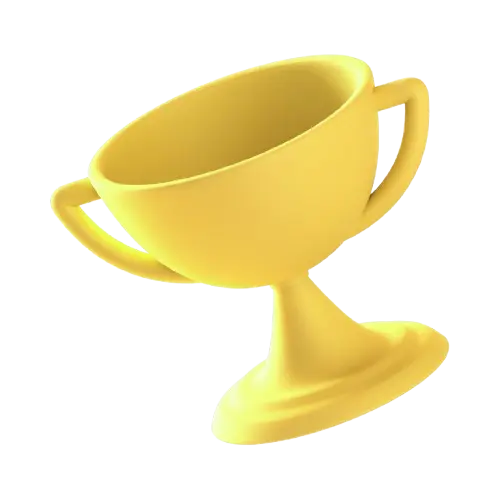 Yellow 3D-rendered trophy cup tilted to the side with two handles.