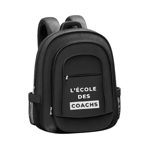 Black backpack with front pocket displaying the text 'L'ÉCOLE DES COACHS' in white letters.
