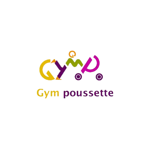 Colorful stylized text 'Gym poussette' with the letter 'y' formed by a person with an orange spiral head and green body pushing a pink stroller.