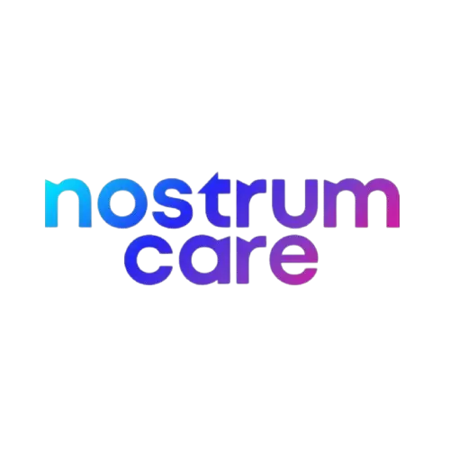 Logo text reading 'nostrum care' with a gradient color transitioning from blue to purple.