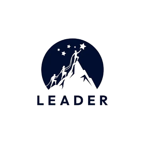 Logo depicting three stylized figures climbing a mountain towards stars above with the word 'LEADER' underneath.