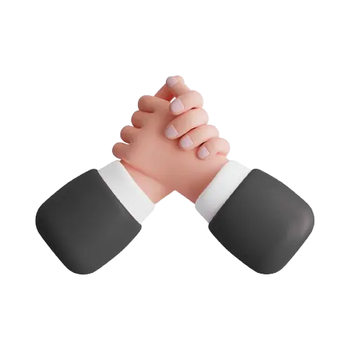 Two hands clasped together in a handshake with black suit sleeves.