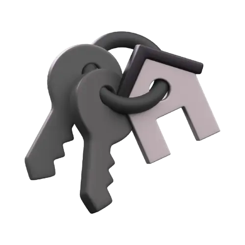 3D illustration of two gray keys and a house-shaped keychain on a key ring.
