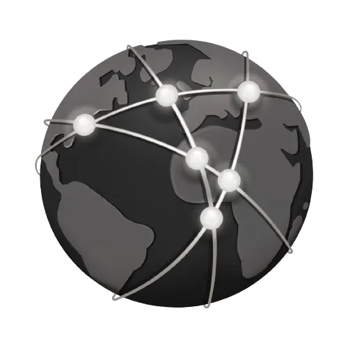 Dark globe with illuminated connection points linked by curved lines, representing global network connectivity.