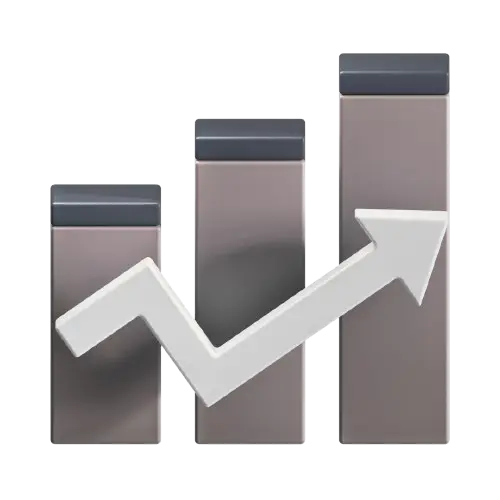 Three vertical bars of increasing height with a white upward trending arrow overlay.