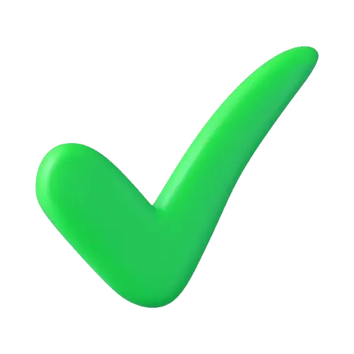 Three-dimensional green check mark symbol on transparent background.