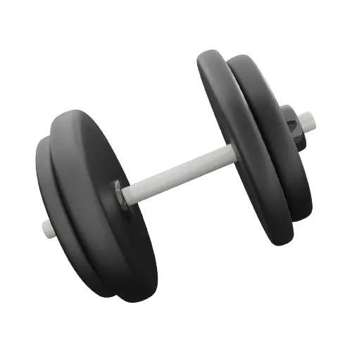 Adjustable dumbbell with black weight plates on a metallic rod.
