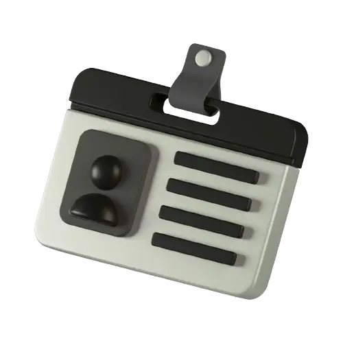 3D icon of an identification badge with a photo placeholder and lines representing text.