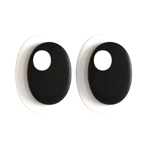 Pair of stylized black and white cartoon eyes with large pupils and cut-out highlights.
