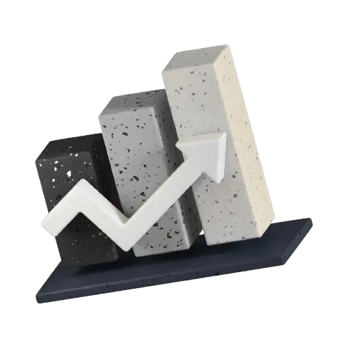 3D bar graph with increasing heights in black, gray, and white blocks, featuring a white ascending arrow across the bars.