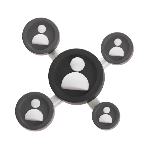 Central user icon connected to four smaller user icons, symbolizing a network or social connections.
