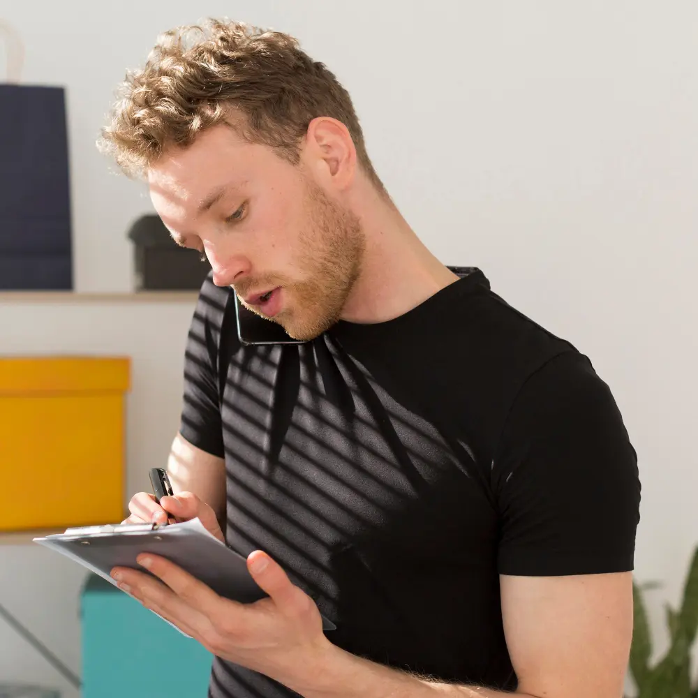 Man with curly hair wearing a black shirt talking on a phone held between his ear and shoulder while writing on a clipboard.