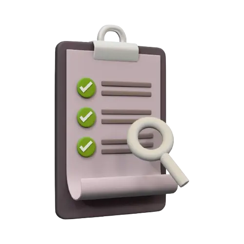 3D illustration of a clipboard with a checklist of three green check marks and a magnifying glass.