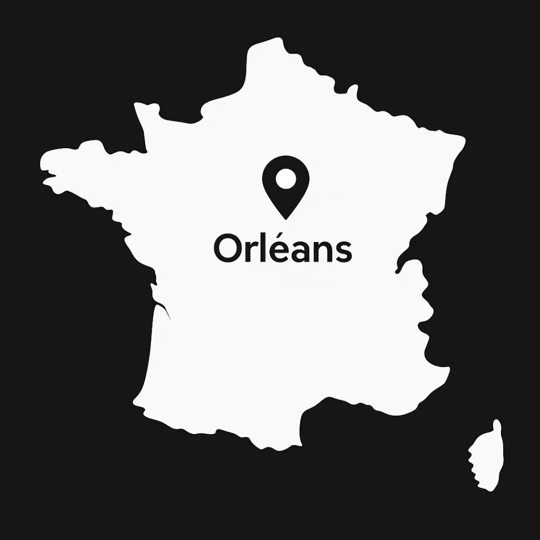 Map of France with a location pin marking the city of Orléans.