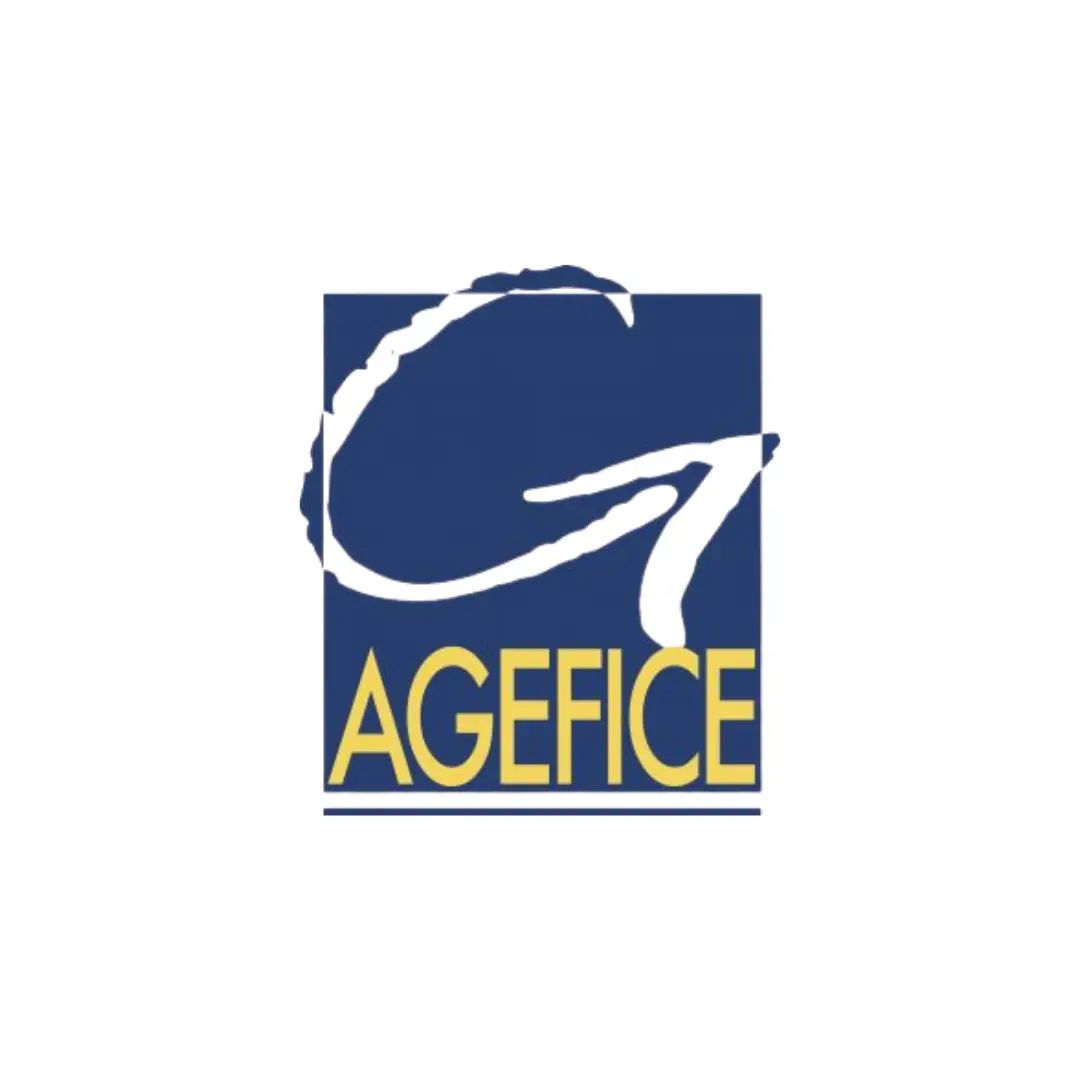 AGEFICE logo with a stylized white letter G on a blue square background and AGEFICE written in yellow below.