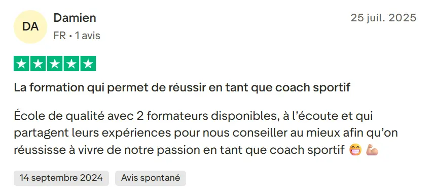 Screenshot of a 5-star review by Damien from France dated July 25, 2025, praising a quality coaching training with two attentive trainers sharing their experience to help succeed as a sports coach.