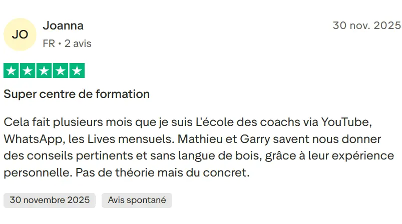 Customer review by Joanna giving a 5-star rating praising a coaching school for practical and straightforward advice through YouTube, WhatsApp, and live sessions.