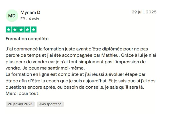Customer review by Myriam D from France dated July 29, 2025, with a five-star rating praising a complete online training course and support from coach Mathieu.