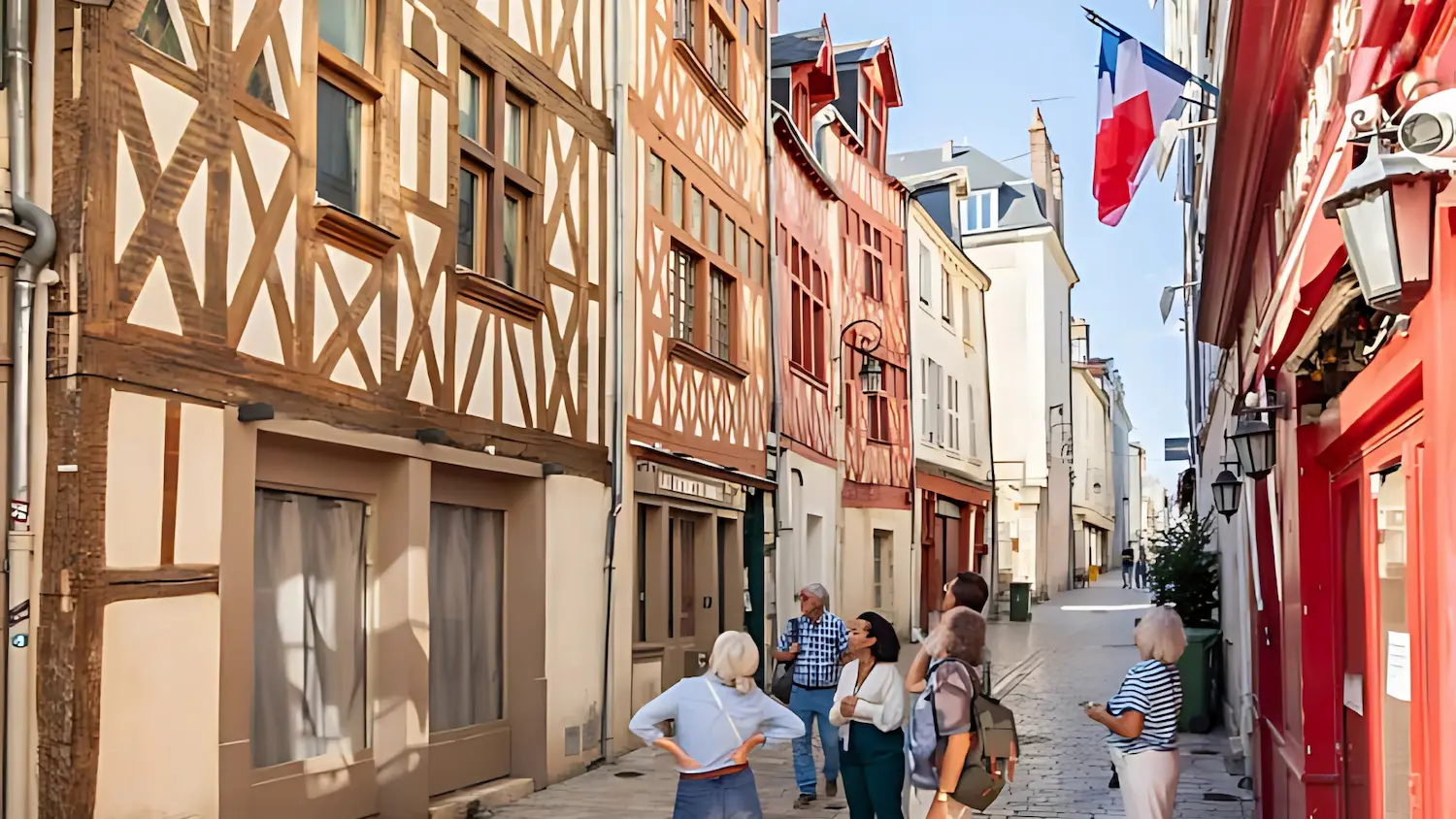 People sightseeing on a narrow cobblestone street lined with traditional half-timbered buildings and a French flag.