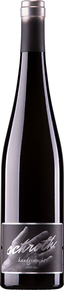 Flasche Rotwein mit Etikett ‚schroth handgemacht Cuvée Rot‘ und einem abgebildeten Handmotiv.