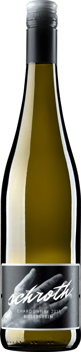 Flasche Chardonnay Weißwein von Schroth aus dem Jahr 2017 mit Etikett und Handgrafik.
