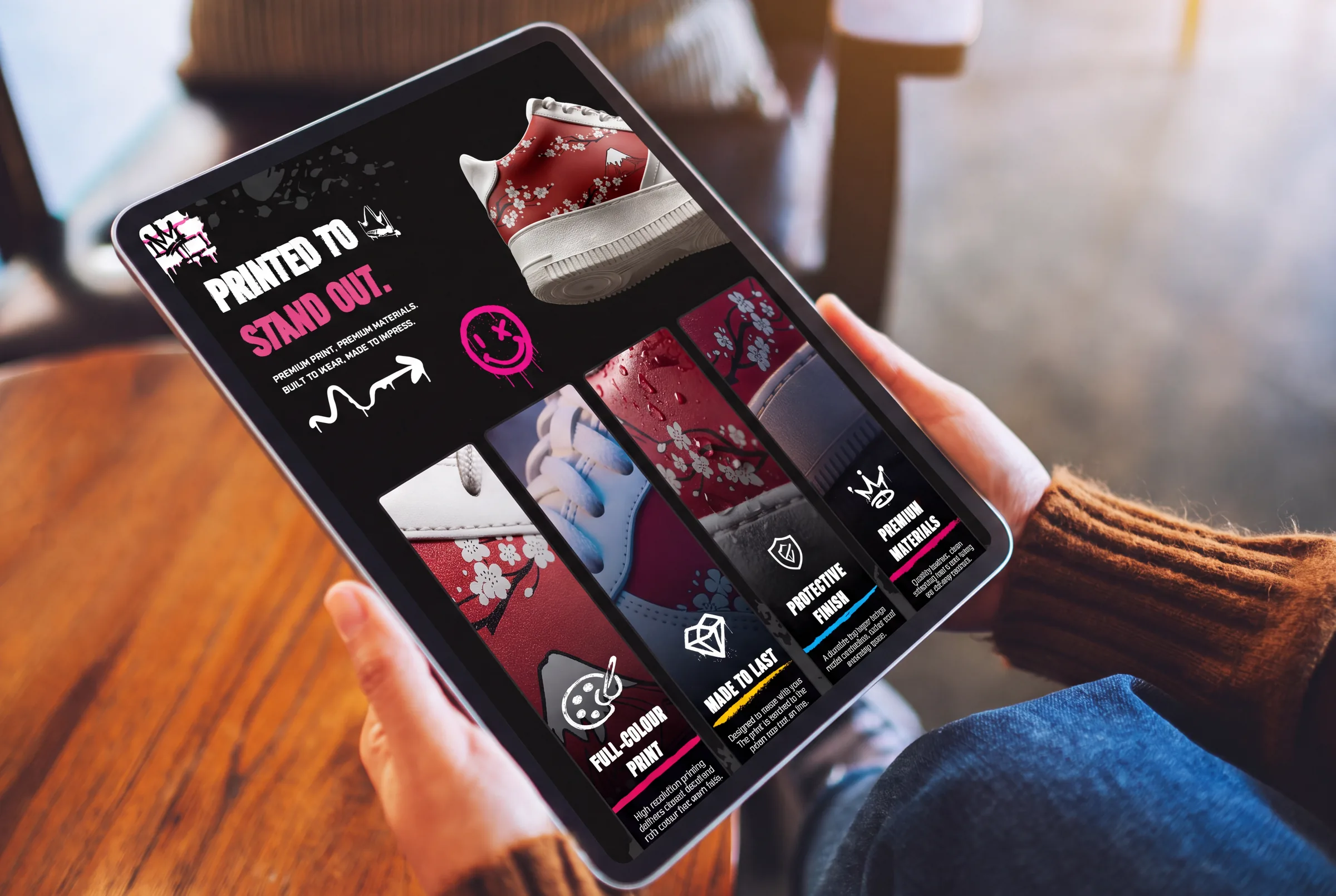 Kixi custom sneaker features on a tablet