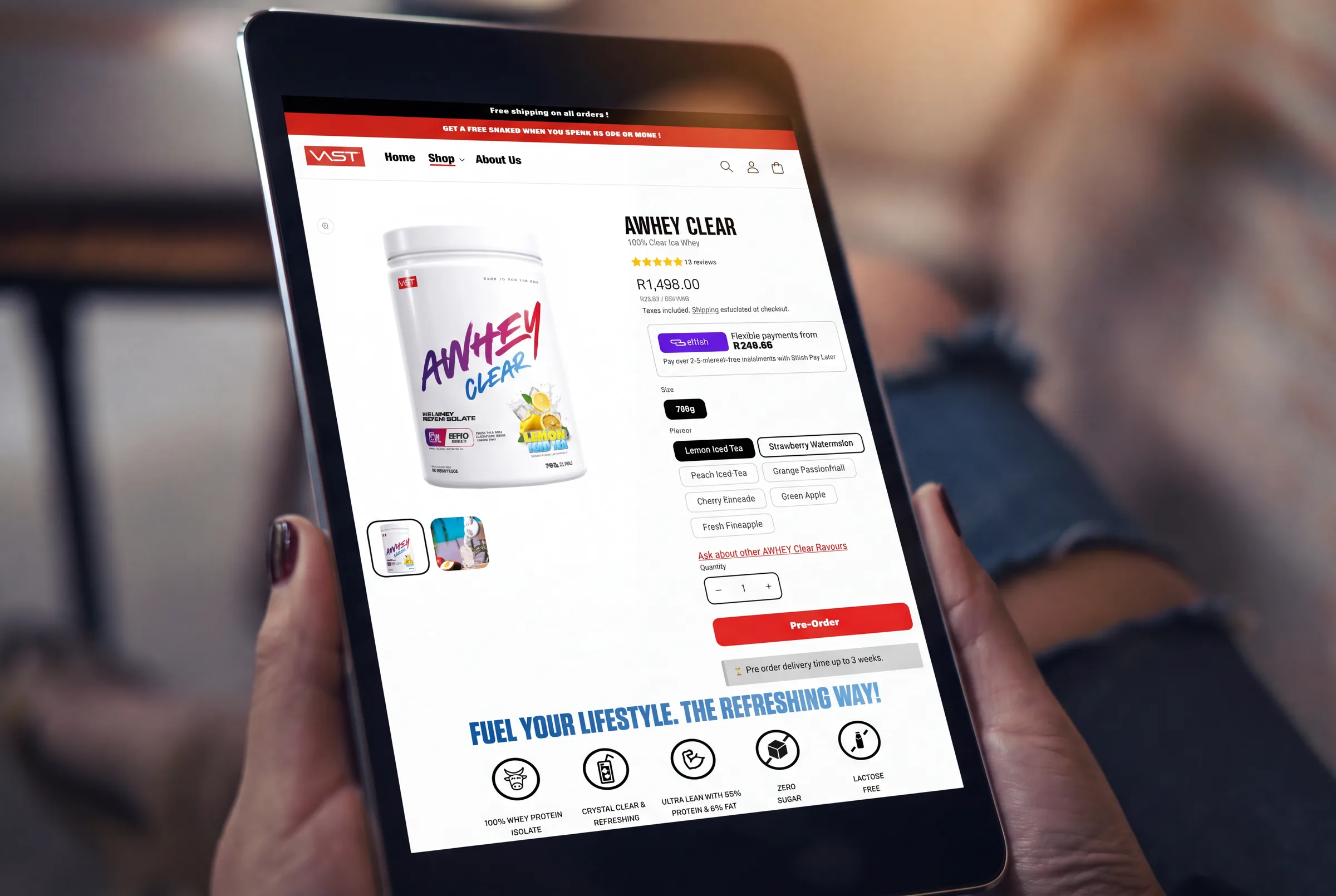 VAST Sports SA product page on a tablet