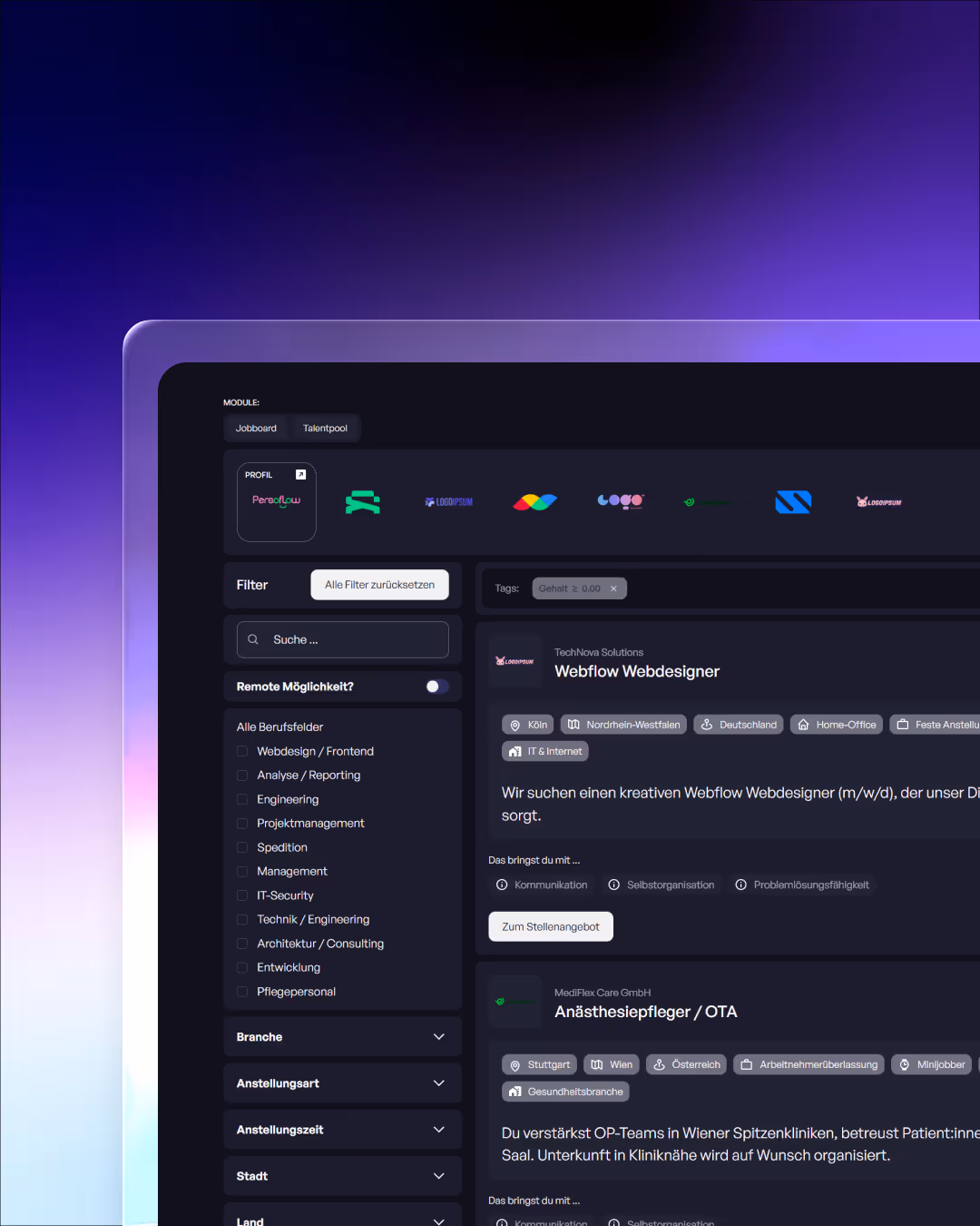 Benutzeroberfläche einer Stellenanzeigensuche mit Filtern für Berufsbereiche und aktuellen Jobangeboten für Webflow Webdesigner und Anästhesiepfleger.