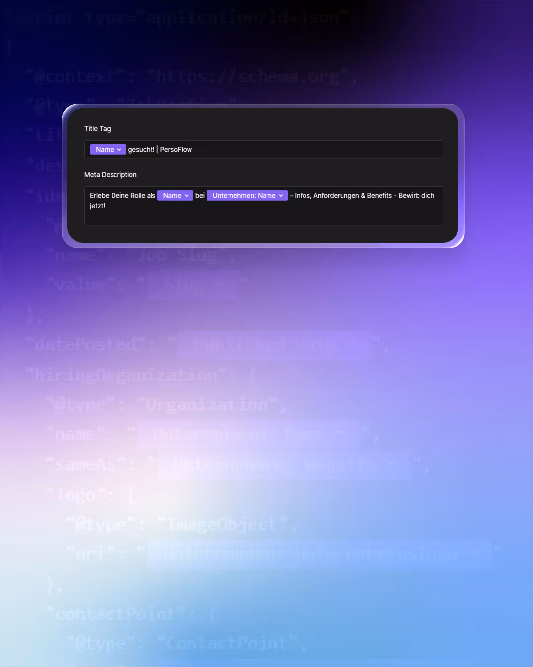 Benutzeroberfläche mit Feldern für Titel-Tag und Meta-Beschreibung mit Platzhaltern für Name und Unternehmensname in einem dunkelvioletten Verlaufshintergrund.